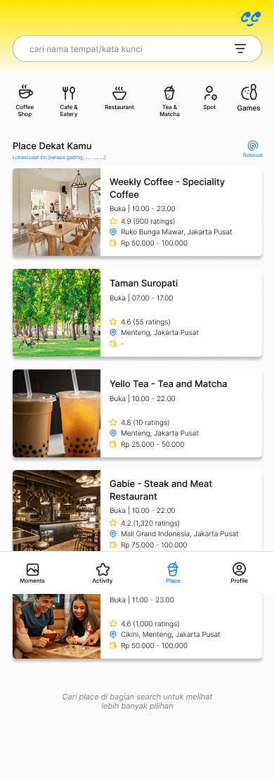 Tampilan Place di aplikasi Weeknd